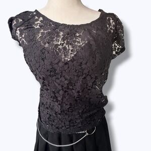 Black Floral Lace Layering Top Goth Whimsigoth Dark Alt Sheer Short Sleeve M